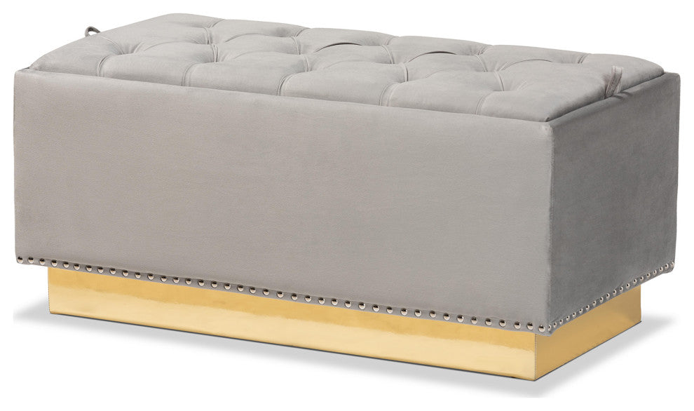Glam and Luxe Grey Velvet Fabric Upholstered and Gold PU Leather Storage Ottoman
