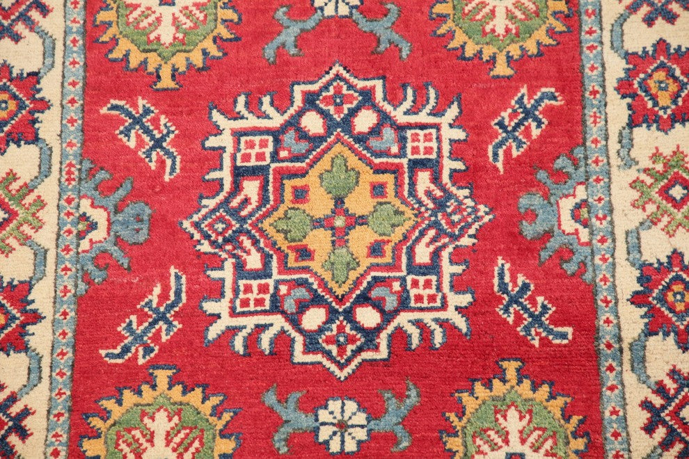 Traditional Pakistani Kazak Wool Hand-Knotted Oriental Area Rug, Red, 4'1"X2'9"