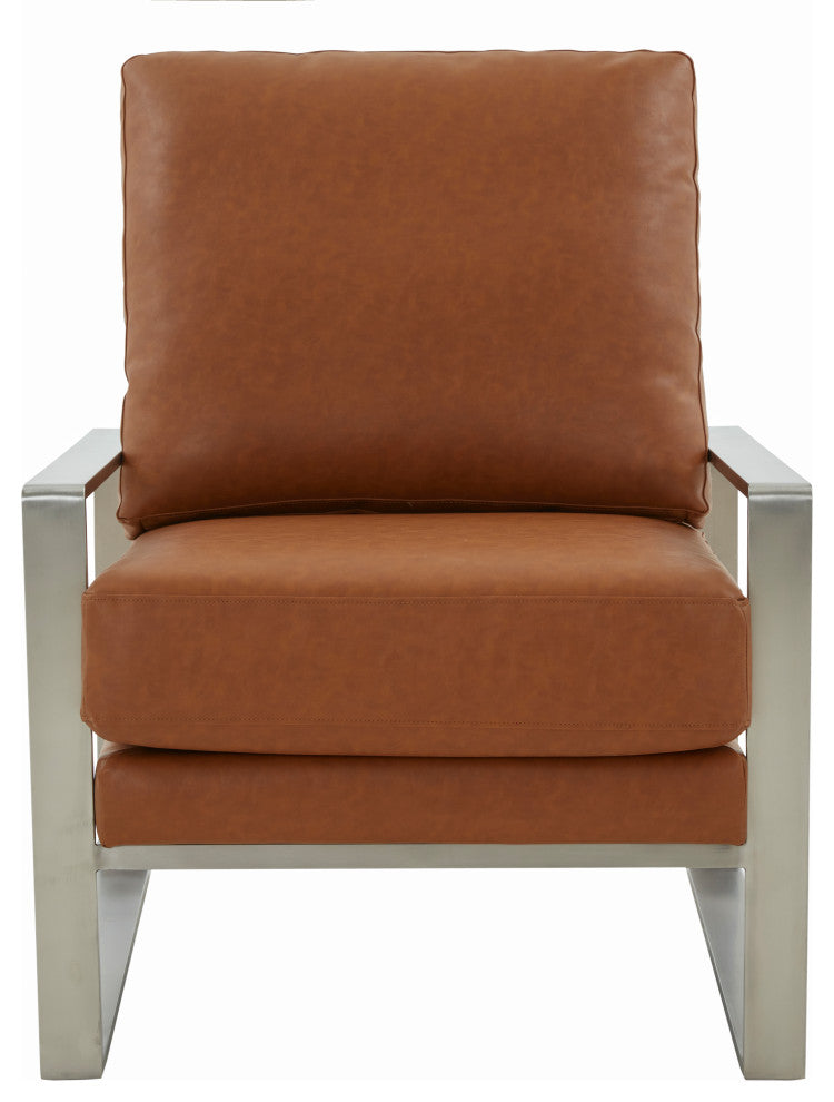 LeisureMod Jefferson Arm Chairs With Silver Frame and Coffee Table, Cognac Tan