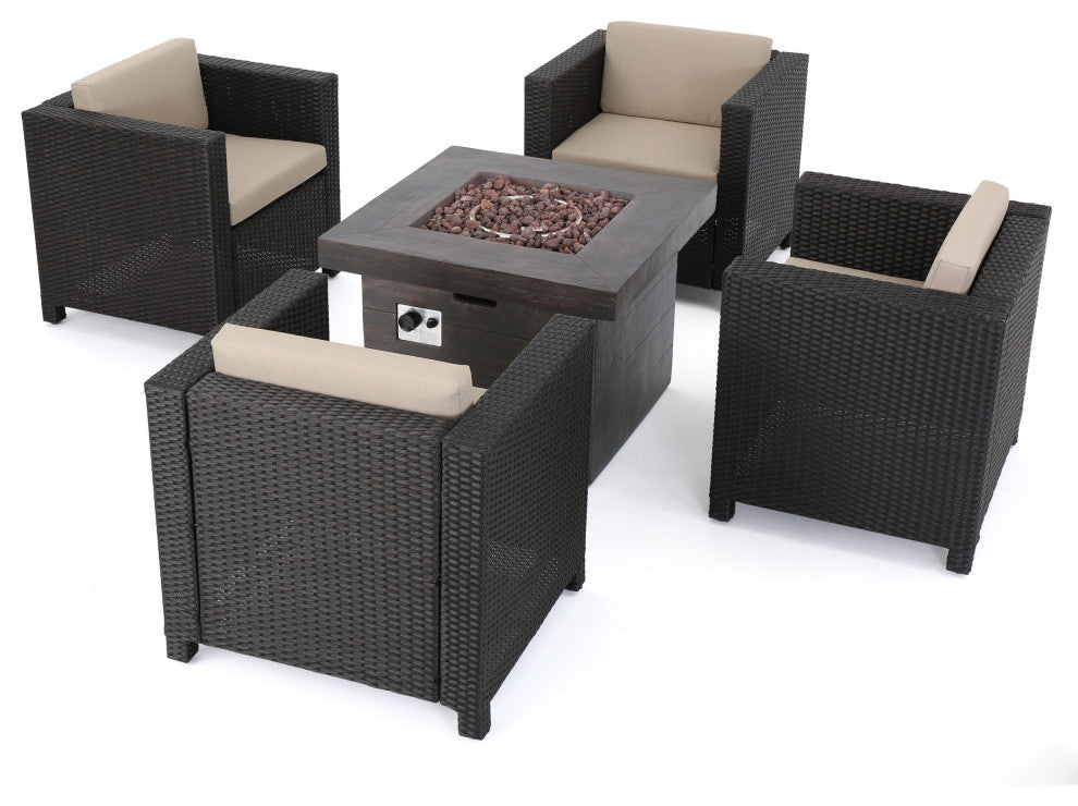 GDF Studio 4-Piece Livingston Outdoor Fire Pit Chat Set, Brown