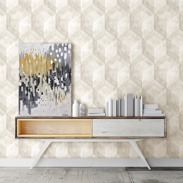 Rustic Wood Tile Geometric Wallpaper, Cream, Bolt