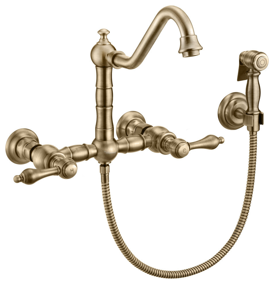 Whitehaus WHKWLV3-9402-NT-AB Antique Brass Wall Mount Faucet With Side Spray