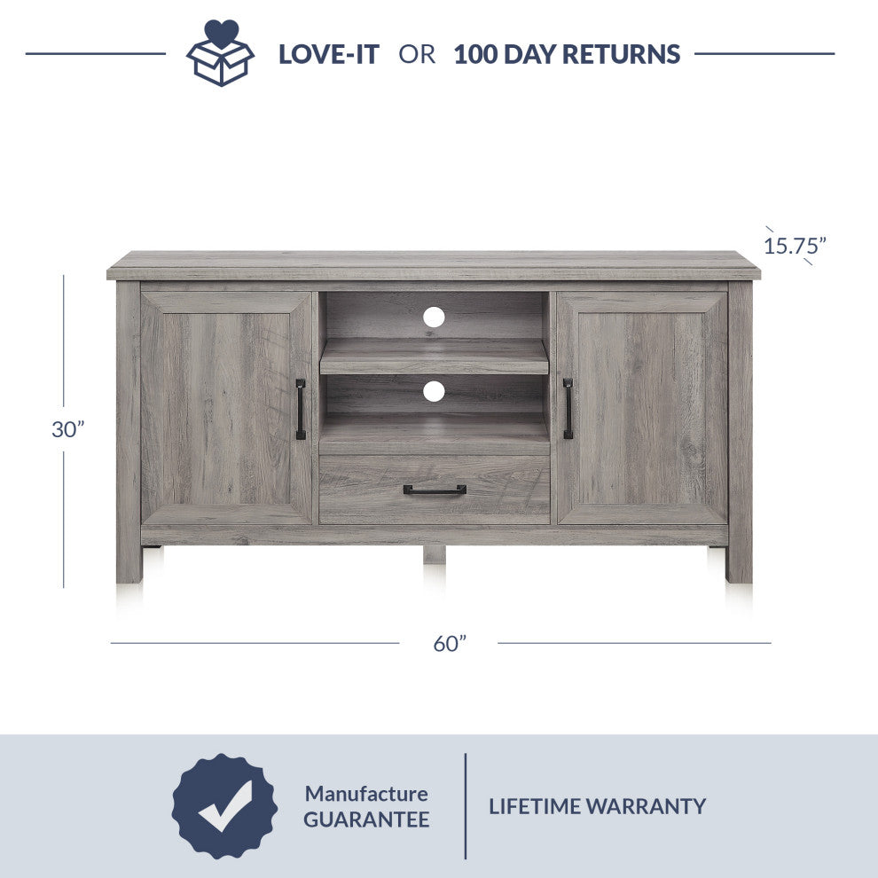 60 Inch Farmhouse TV Stand or Entertainment Center, Gray Wash