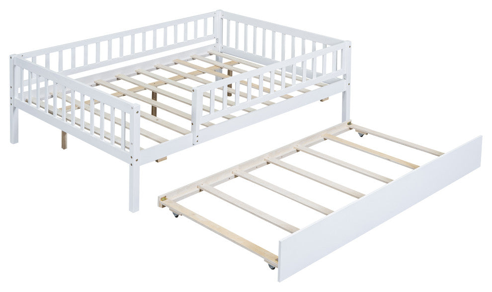 Gewnee Wood Full Size Daybed with Trundle and Fence in White