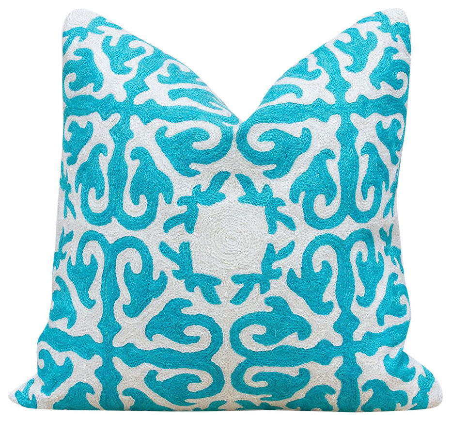 Turquoise & White Moroccan Wool Embroidered Throw Pillow Cover