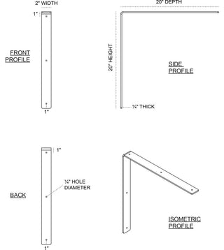 2"W x 20"D x 20"H Hamilton Bracket, Stainless Steel