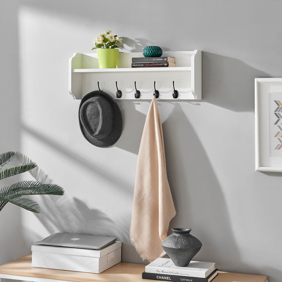 Danya B. Entryway Floating Utility Wall Shelf with Hooks "“ Wall Mounted, White