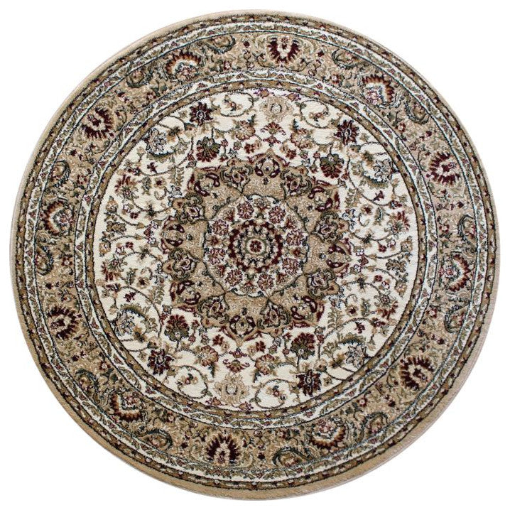 Mersin Collection Persian Style Area Rug - Olefin Rug with Jute Backing, Round Ivory - 5' X 5'