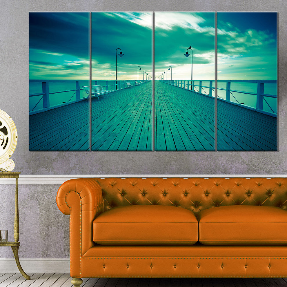 Blue Seascape With Wooden Pier, Bridge Canvas Art Print, 48"x28", 4 Panels