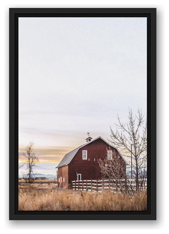 Rustic Barn Sunrise 12x18 Black Floating Framed Canvas