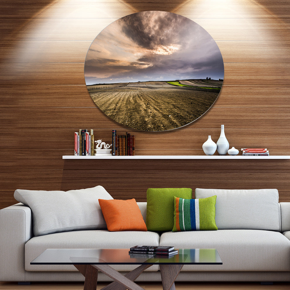Field Waiting For Cultivation, Landscape Round Metal Wall Art, 11"