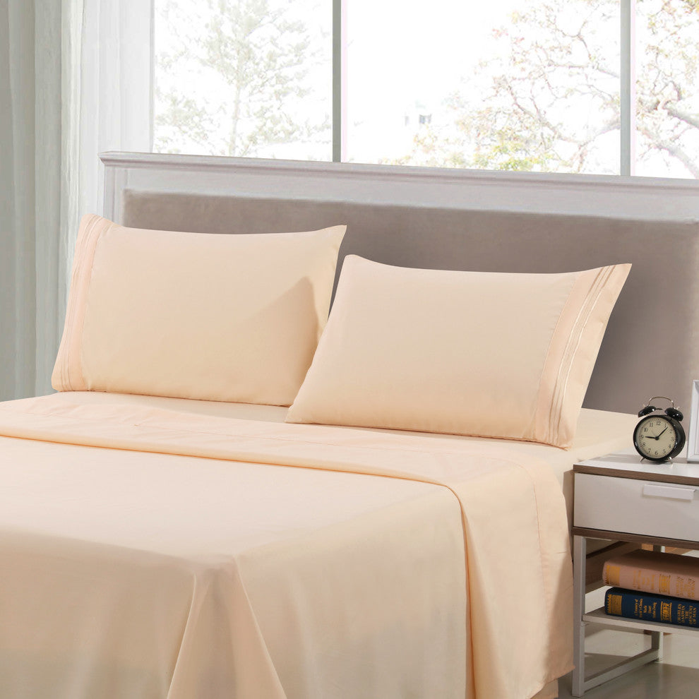 Brushed Microfiber Embroidered 1800 Bedding, 4 Piece, Vanilla, Twin
