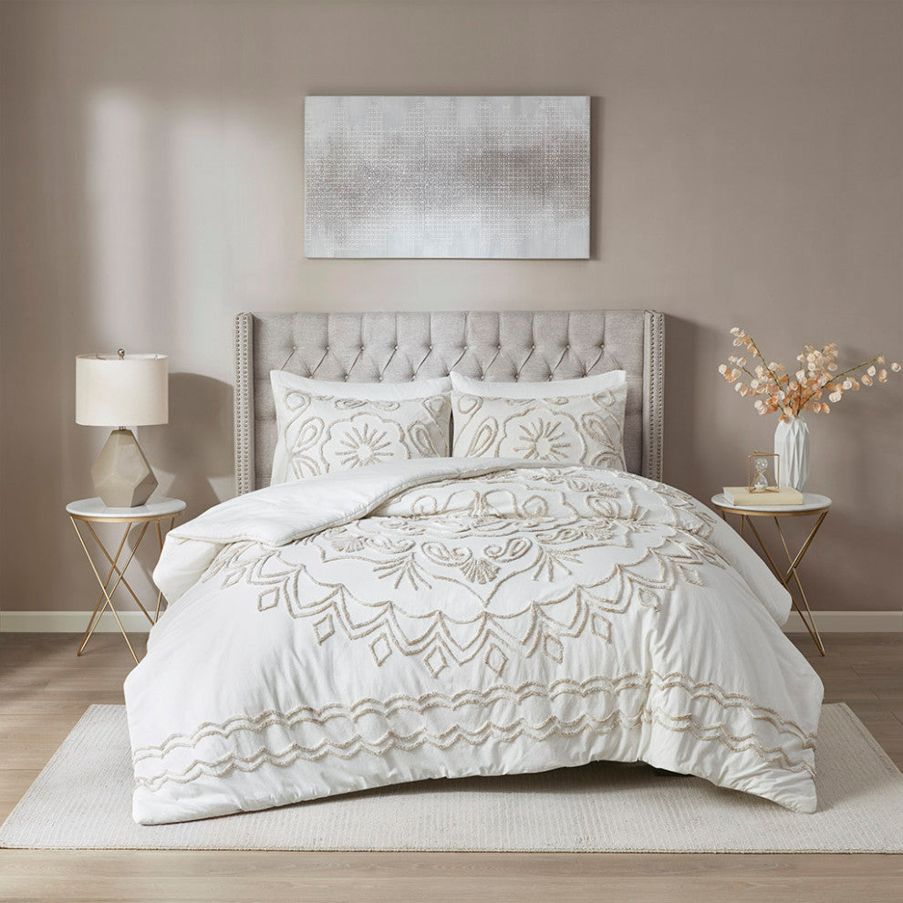 Madison Park Violette Tufted Medallion Comforter/Duvet Cover Set, Ivory Taupe