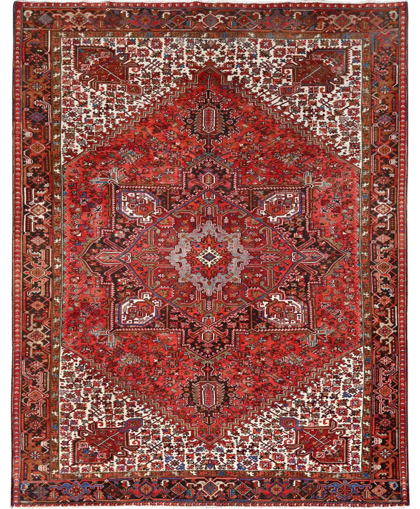 Imperial Red Pure Wool Hand Knotted Semi Antique Persian Heriz Rug 9'8"x12'9"