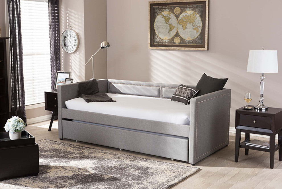 Keegan Linen Fabric Nail Heads Trimmed Sofa Twin Daybed With Trundle, Gray