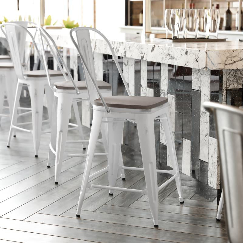 Carly Commercial Grade 24" High Metal Indoor-Outdoor Counter Height Stool, White/Gray