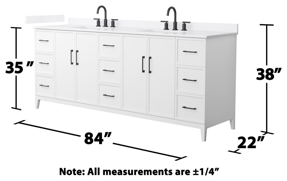 Elan 84" Double Vanity, White, White Quartz Top, 3-Hole, Black Trim