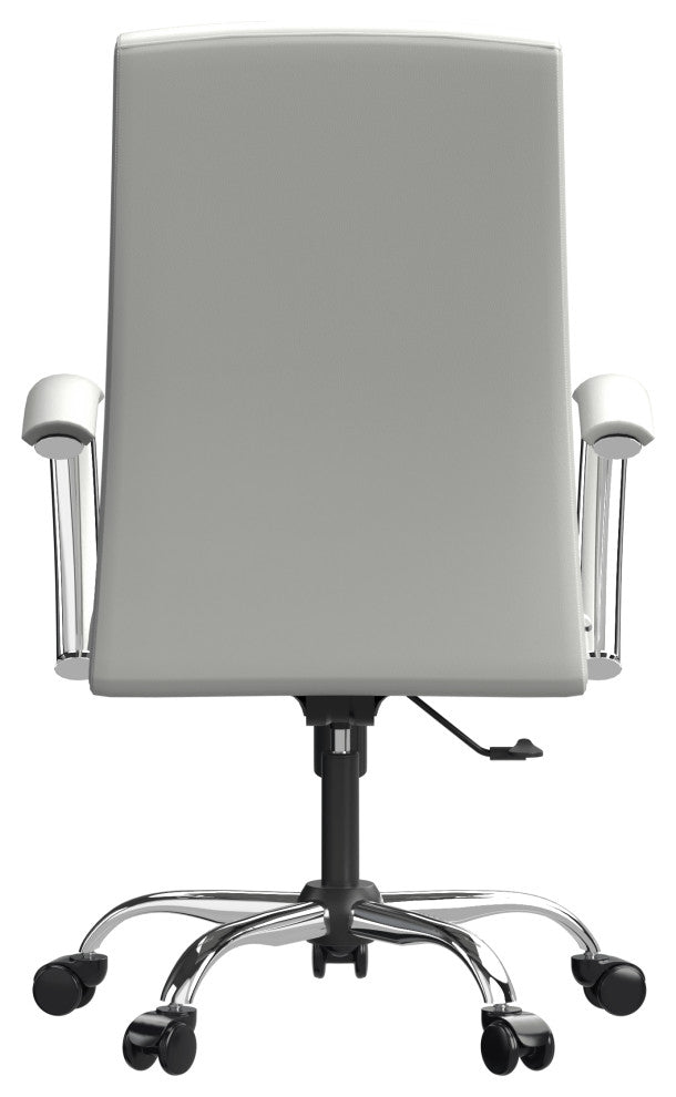 LeisureMod Evander Swivel Office Chair in Leather With Silver Frame, White