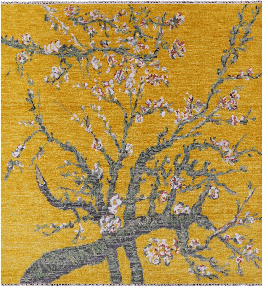 8' Square Almond Blossoms Design Handmade Modern Wool Rug Q11694