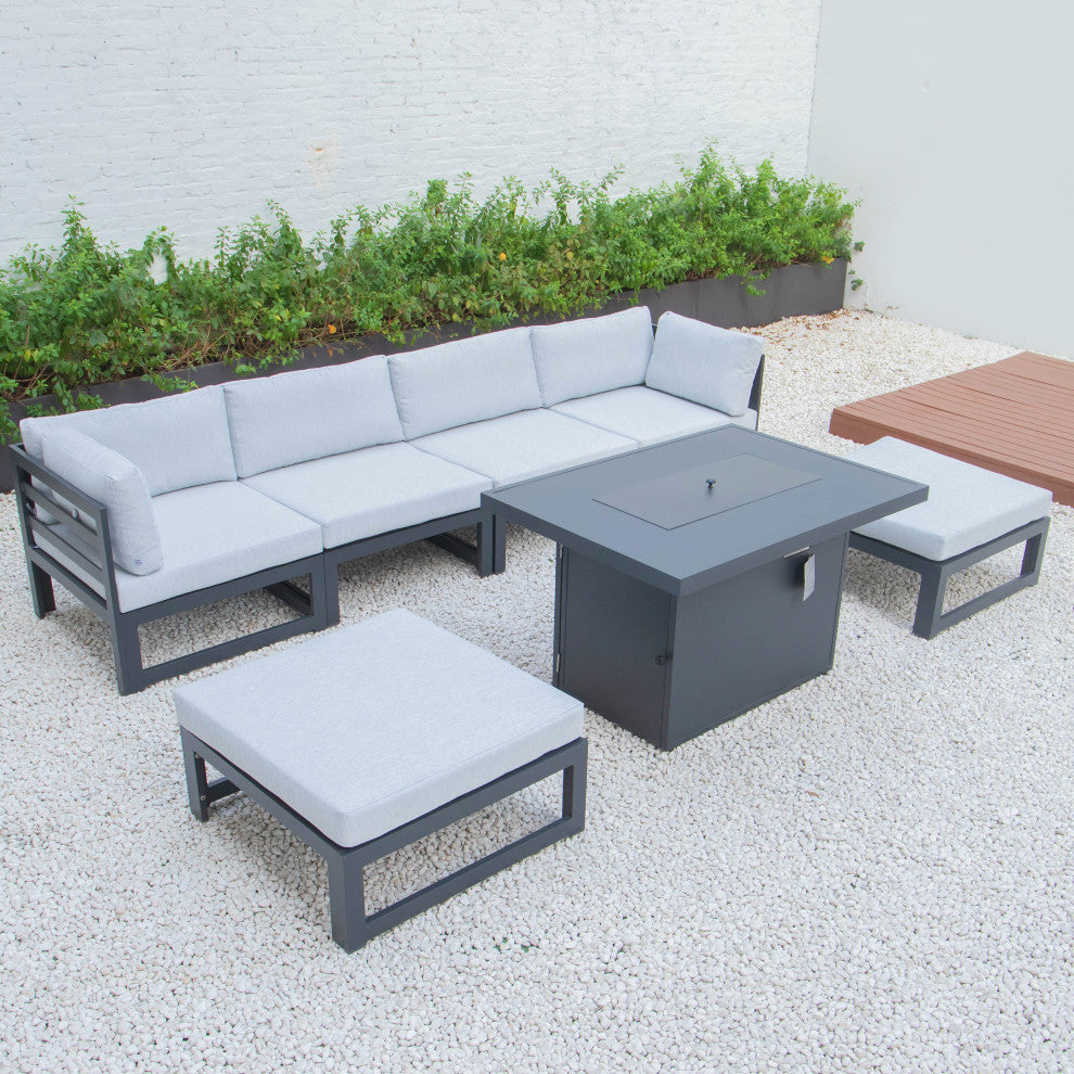 LeisureMod Chelsea 7-Piece Outdoor Sectional With Fire Pit Table, Light Gray