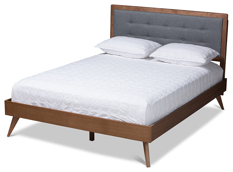 Ines Mid-Century Modern Dark Gray Walnut Brown Wood Queen Size Platform Bed