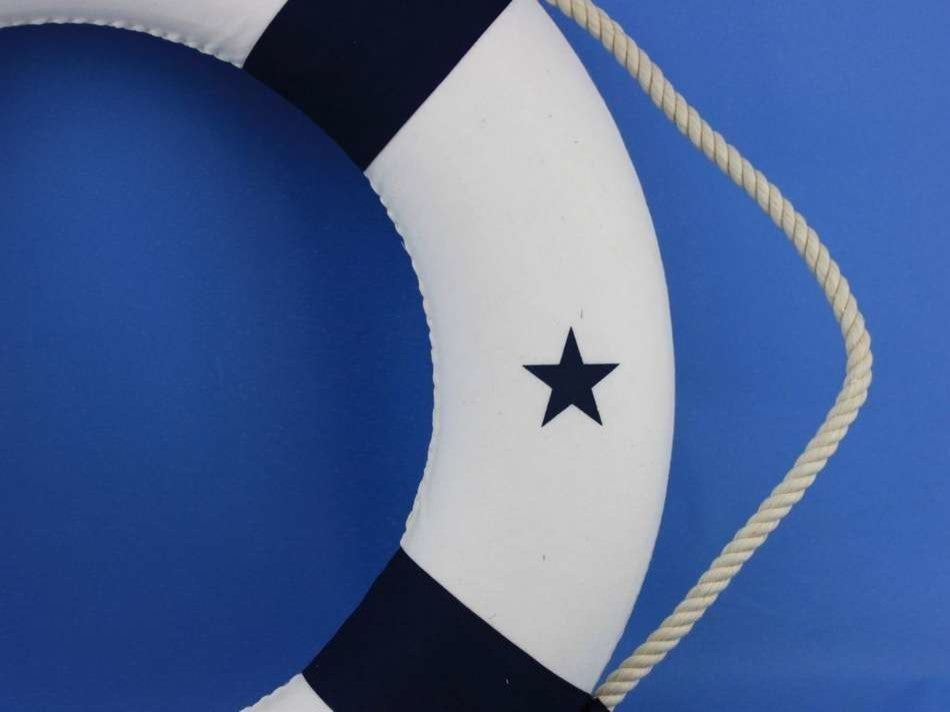 Classic Decorative Lifering, White With Blue Bands, 20"