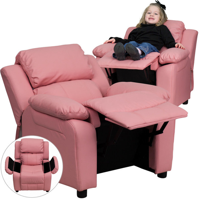 Deluxe Padded Contemporary Pink Vinyl Kids Recliner With Storage Arms