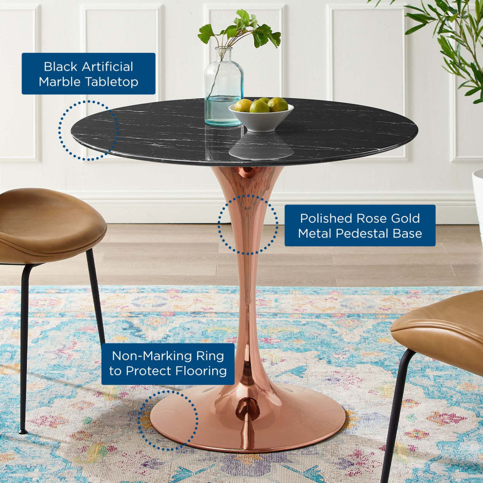 Dining Table, Round, Artificial Marble, Metal, Rose Gold Black, Modern, Bistro