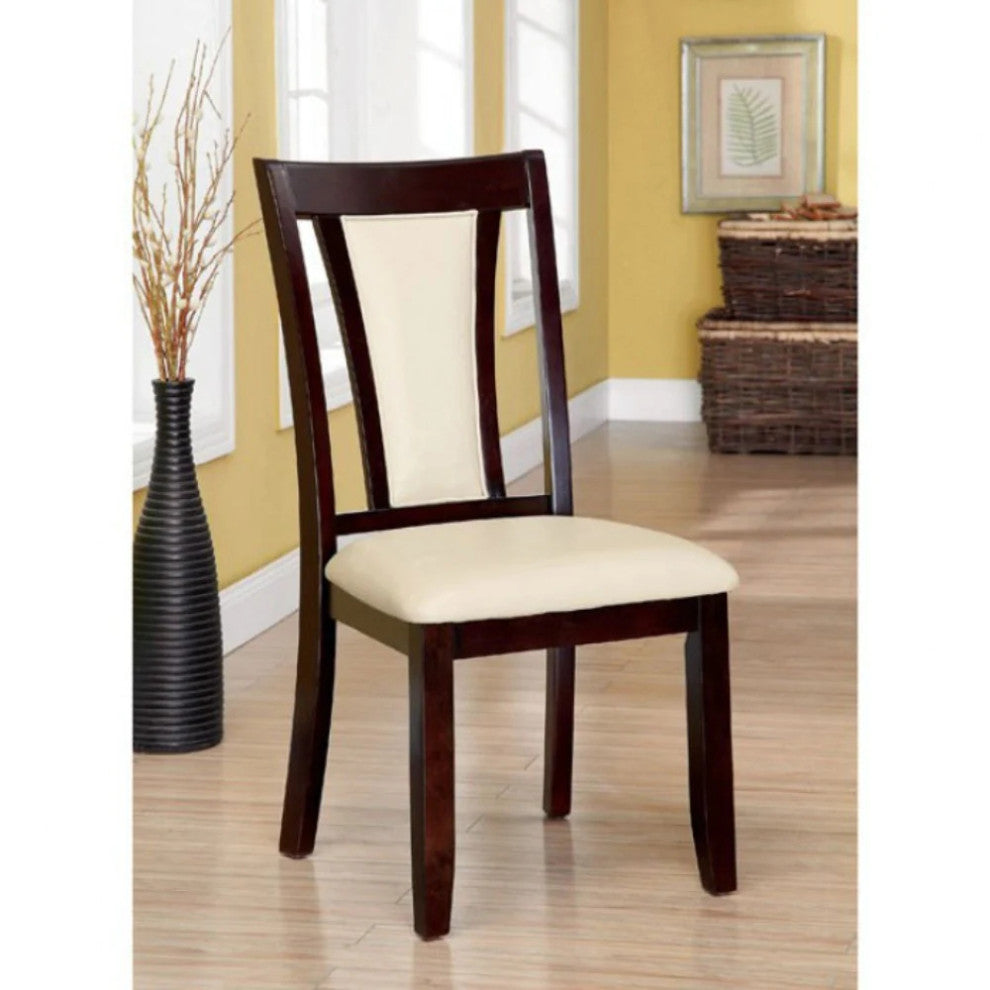Benzara BM166180 Padded Ivory Seat Wooden Side Chair ,Set of 2, Cherry Brown