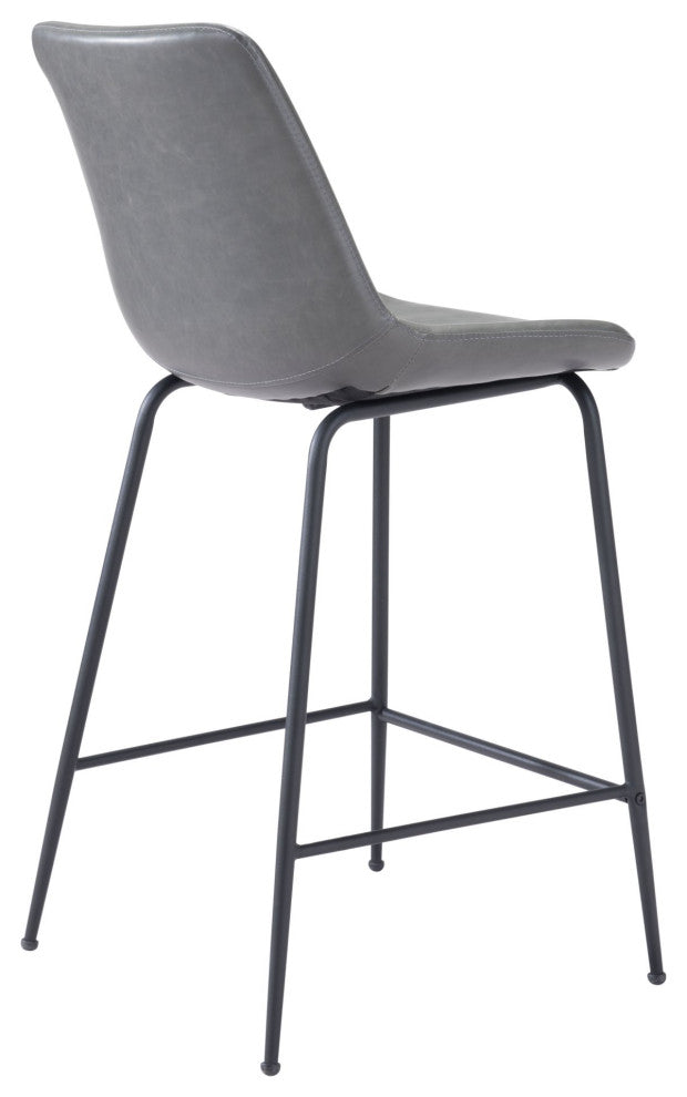 Counter Stool Chair, Faux Vinyl Leather, Steel, Gray, Black, Mid Century