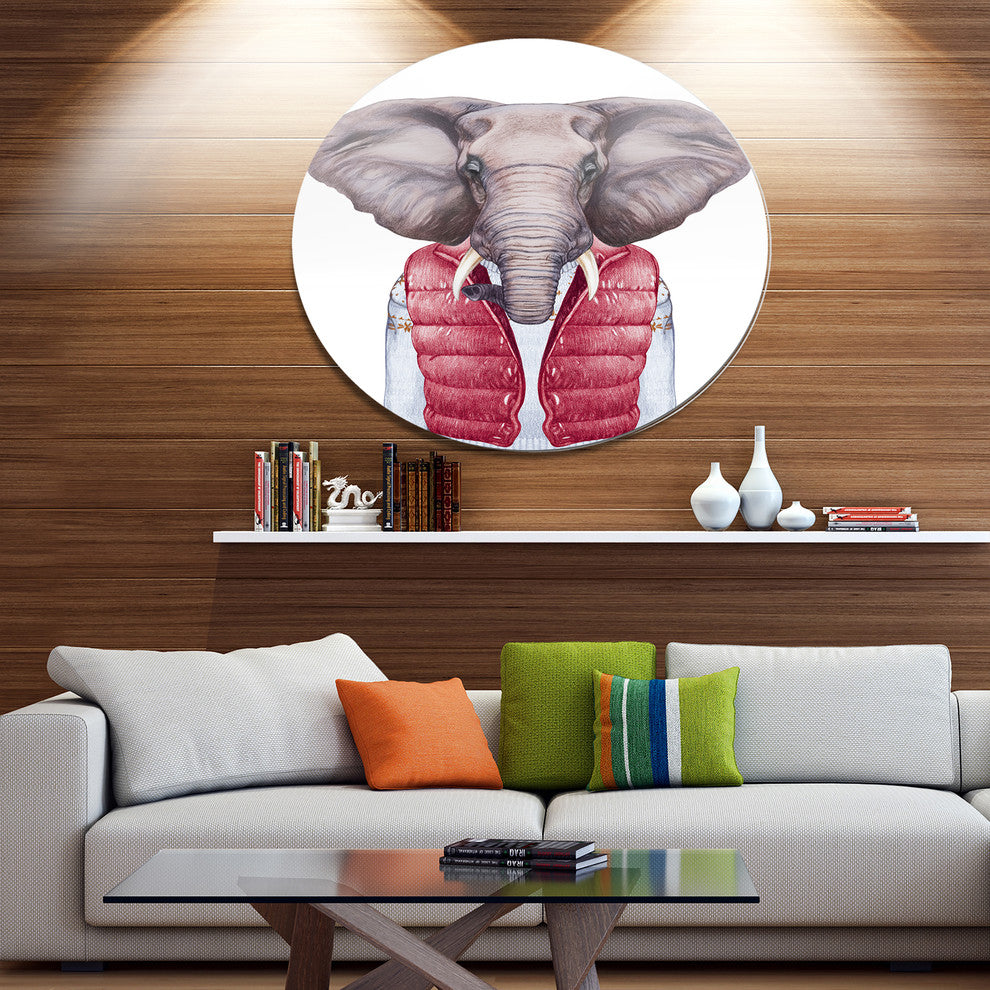 Elephant In Vest And Sweater, Animal Art Disc Metal Artwork, 23"