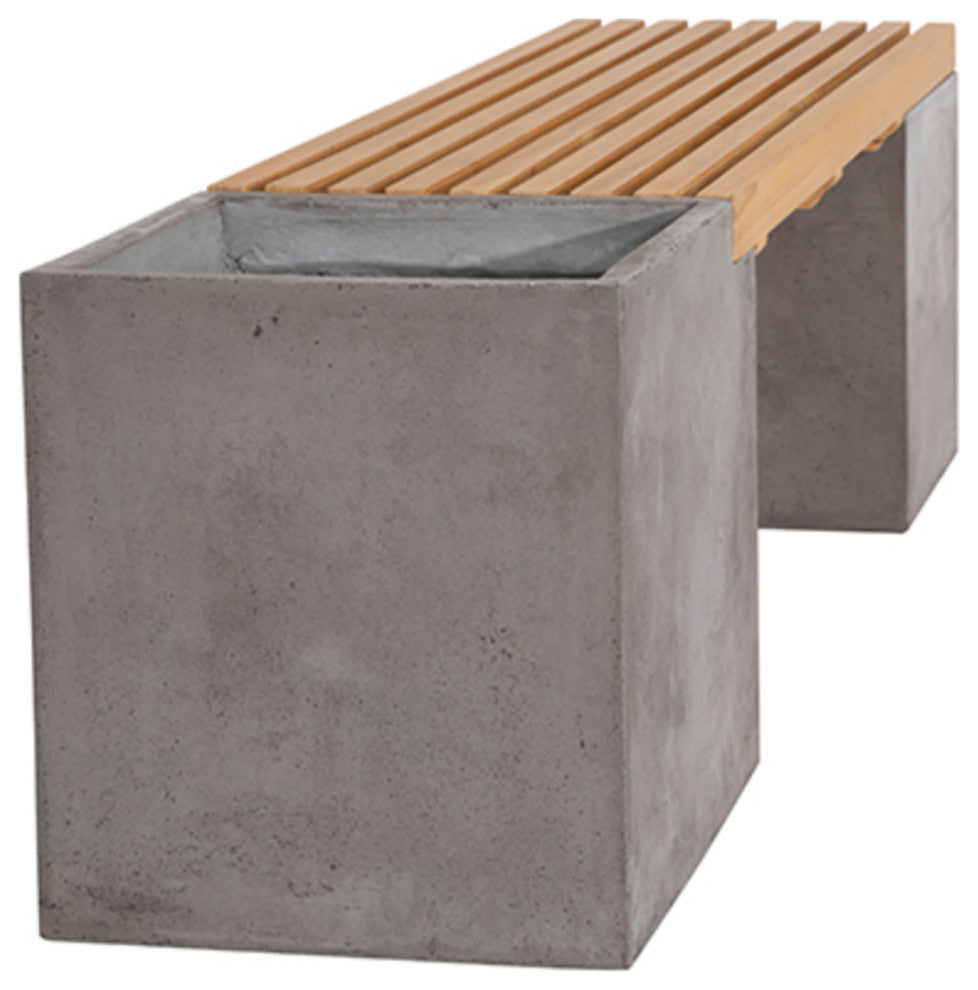 Outdoor Concrete and Teak Planter Bench