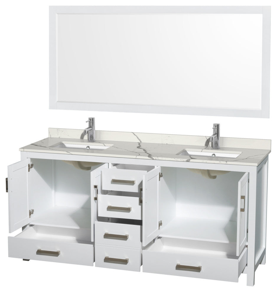 Sheffield 72" White DBL Vanity, Calacatta Quartz Top, Square Sinks, 70" Mirror