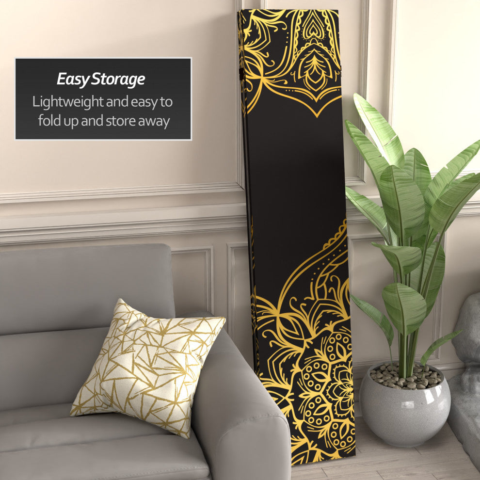 6' Tall Double Sided Black Indian Pattern Canvas Room Divider