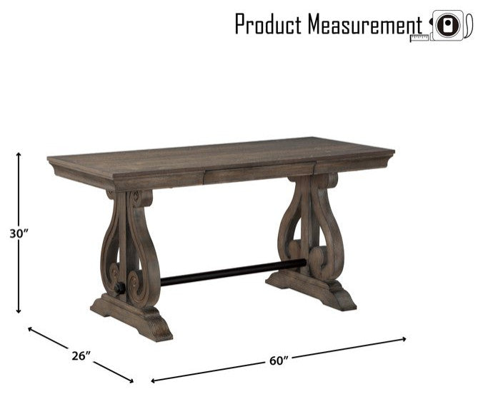 Desk, Scrolled Legs & Crown Molded Top With Hidden Drawer, Distressed Dark Oak