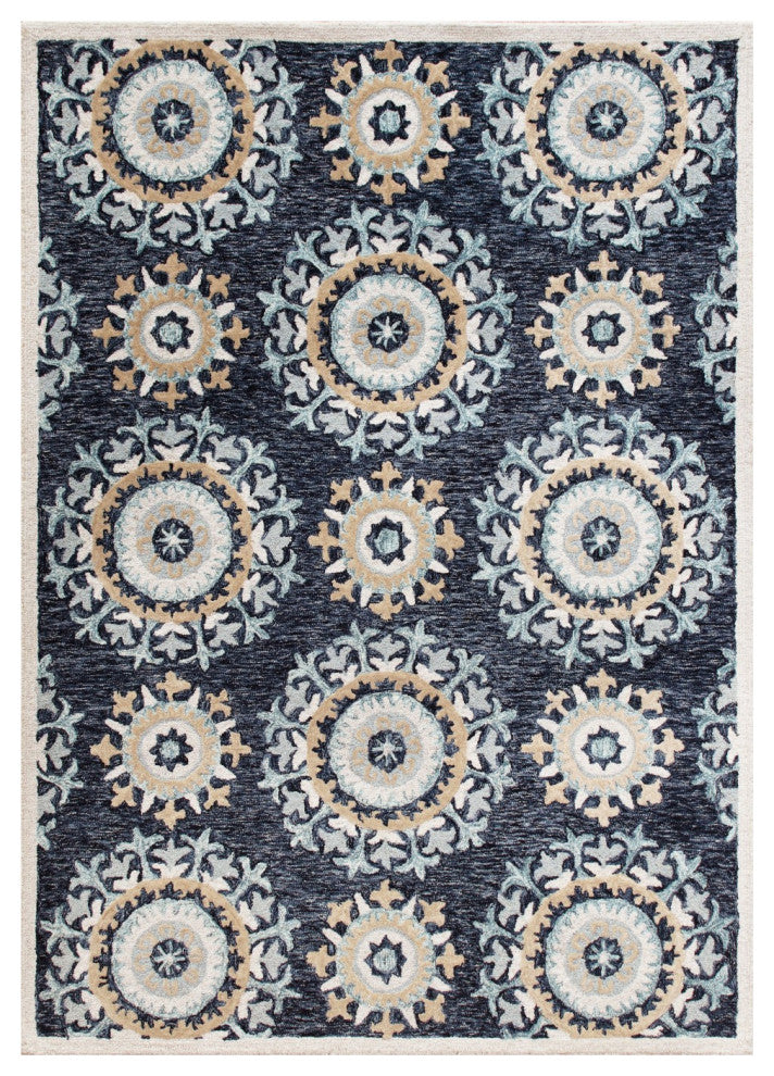 5" x 7" Blue and Beige Floral Disc Area Rug