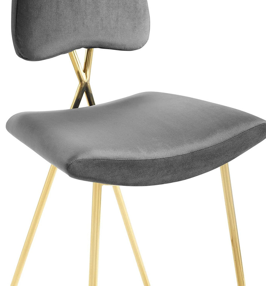 Set of 2 Modern Bar Stool, Golden Base With Footrest & Soft Velvet Seat, Gray