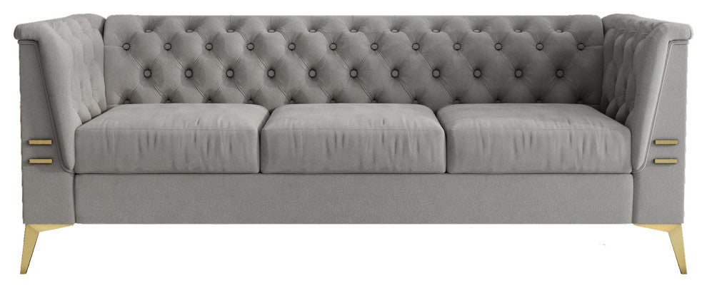 82.7'' Chesterfield Velvet Square Arm Sofa with Gold Leg, Light Gray