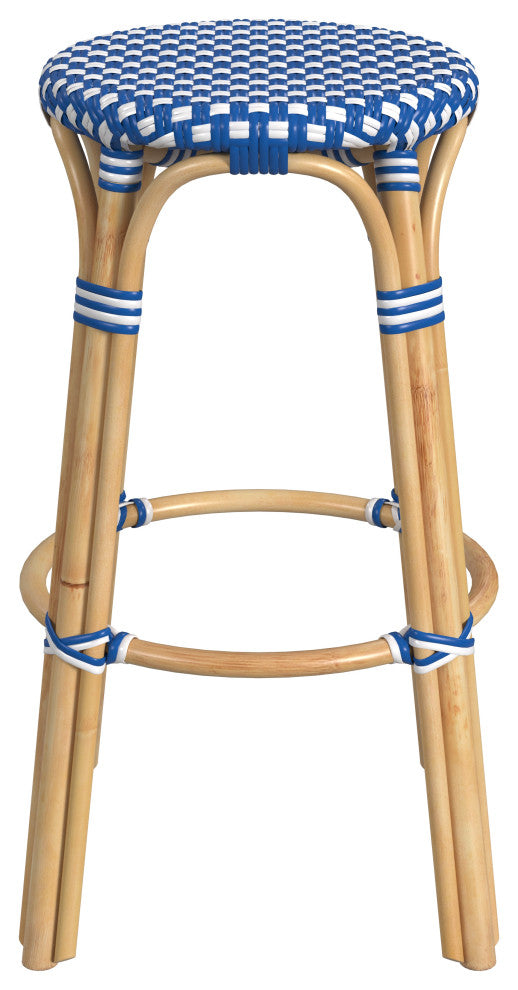 Tobias Rattan Bar Stool, Cobalt Blue and White, Diamond