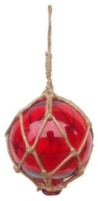 Red Japanese Glass Ball Fishing Float With Brown Netting Decoration 4'', Glass
