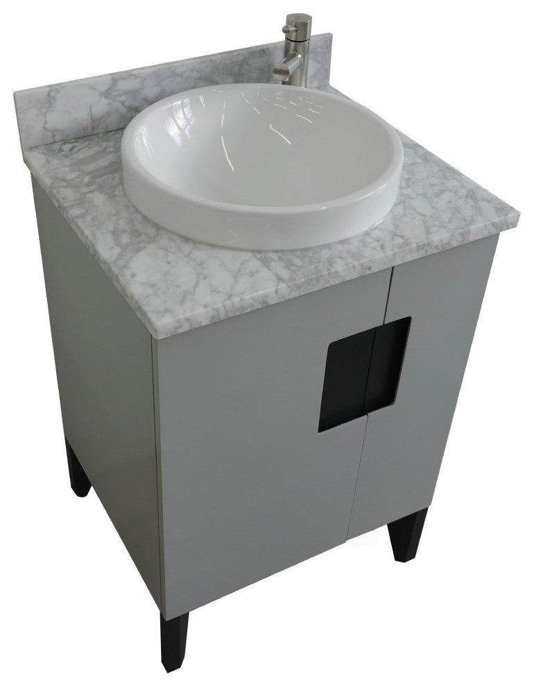 25" Single Sink Vanity, Light Gray Finish With White Carrara Marble