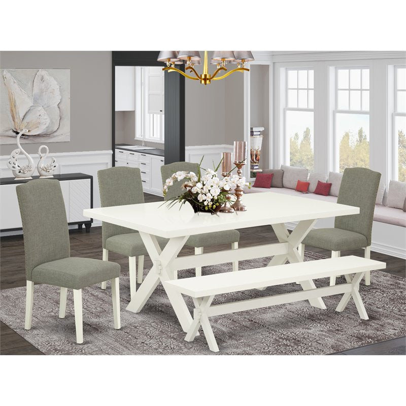 6-Piece Set, Dark Shitake Chairs, Bench and Top Table, Linen White