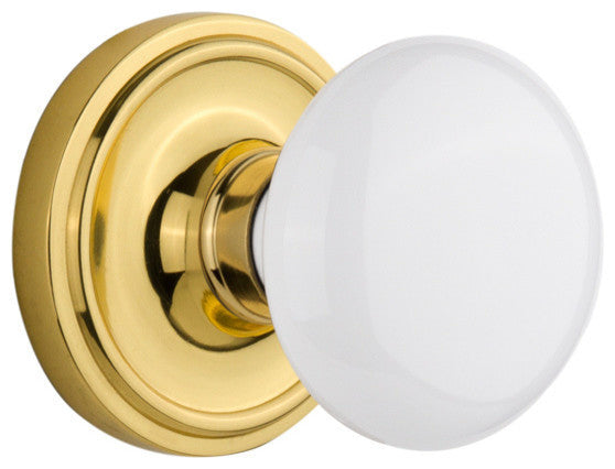 Classic Rosette Privacy White Porcelain Knob, Unlacquered Brass