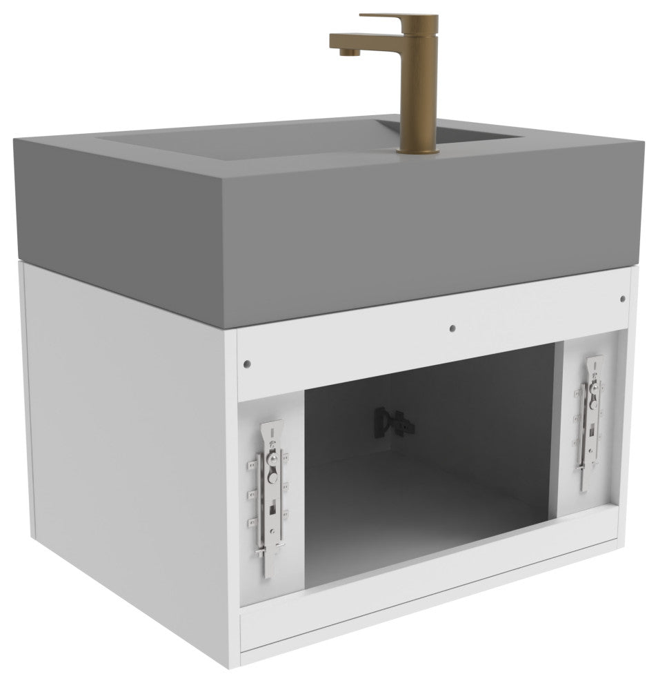 CastelloUSA Nile 24" Wall Mounted Bathroom Vanity Set, White, Gray Top, Gold Handles