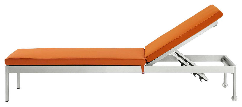 Lounge Chair Chaise, Aluminum, Metal, Silver Orange, Modern, Outdoor Patio Cafe