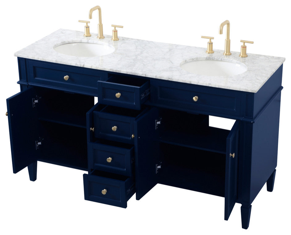 Home Living Vanity with Carrara White Marble Countertop, Blue, 60", Double Sink