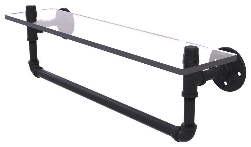 Pipeline Glass Shelf with Towel Bar, Matte Black, 22"