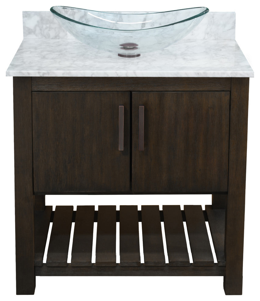 30" Vanity, Carrara White Marble Top, Sink, Drain, Mounting Ring, and P-Trap, Oil Rubbed Bronze, Without Mirror