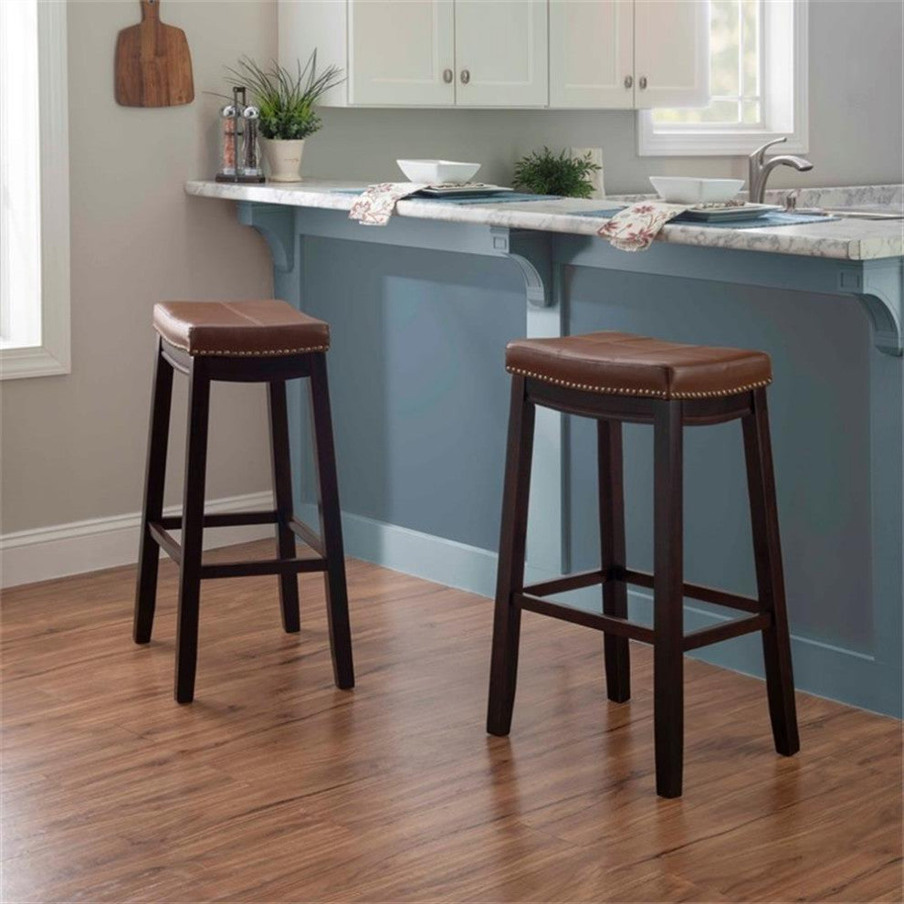 Linon Claridge Backless Bar Stool Cognac Faux Leather Wood Frame in Espresso