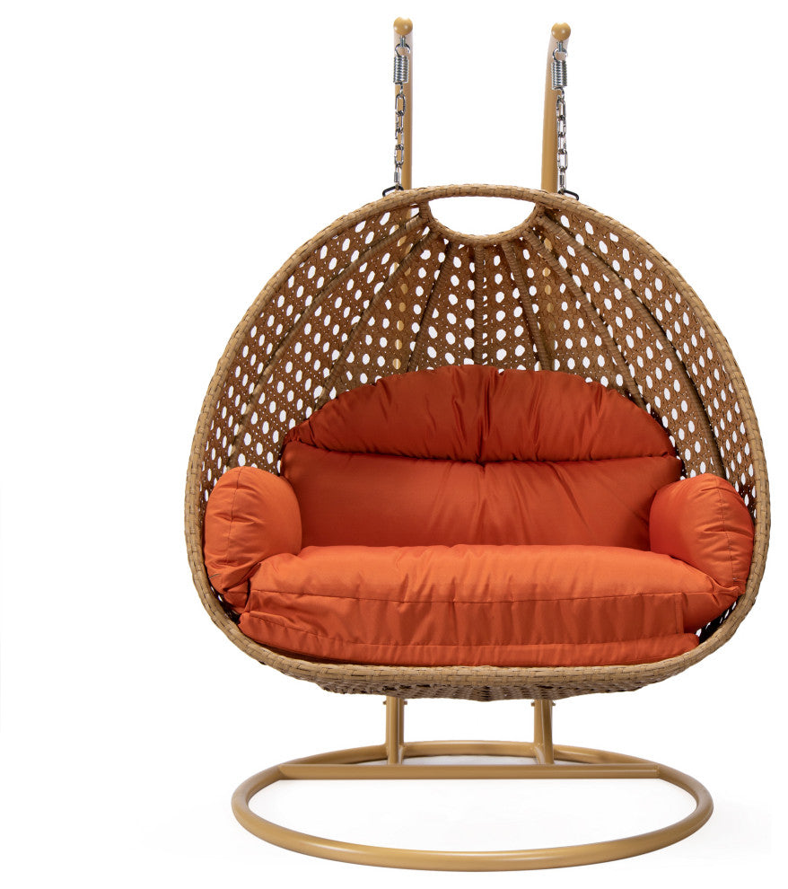 LeisureMod Mendoza Light Brown Wicker Hanging Double Egg Swing Chair, Orange
